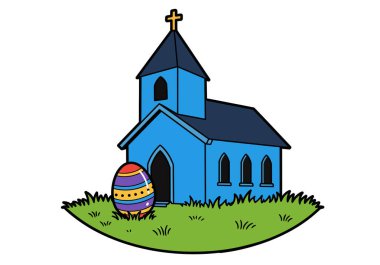 Paskalya kilisesi klip sanatı. Üzerinde haç olan mavi bir kilise ve yakınlardaki çimlerin üzerinde renkli bir Paskalya yumurtası. Çizim tasarımı.