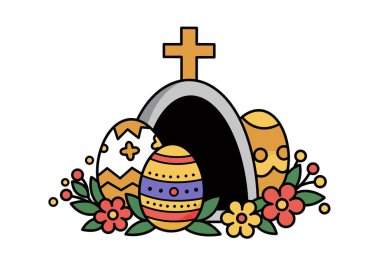 Paskalya Katolik klibi. Renkli yumurta ve çiçeklerle çevrili, inancı, yenilenmeyi ve kutlamayı sembolize eden bir mezar. Çizim tasarımı.