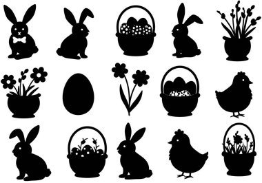 Paskalya Clipart silueti. Bu resim, tavşanlar, sepetler, yumurtalar, çiçekler ve civcivler de dahil olmak üzere çeşitli Paskalya temalı siluetleri içerir. Çizim tasarımı.