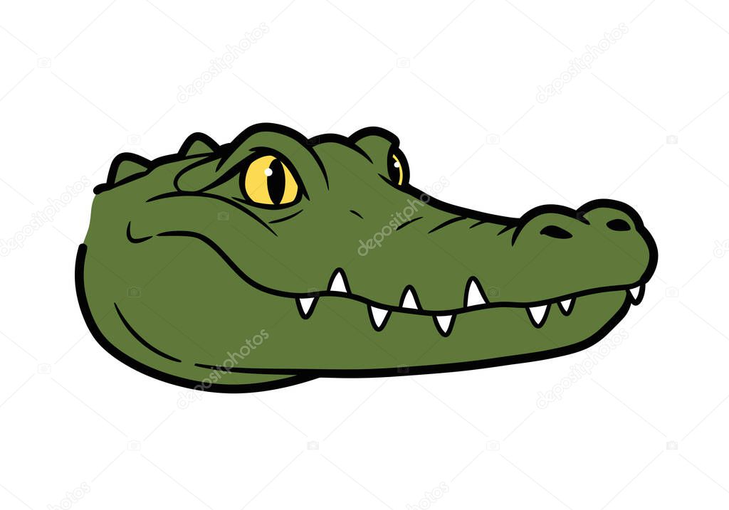 Crocodile head clipart. This image shows a cartoon-style crocodile head with a friendly expression, featuring large yellow eyes and sharp teeth. Illustration design.