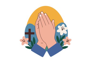Paskalya duası. Elleri haçla dua ederken, arka planda çiçekler, inancı, bağlılığı ve maneviyatı simgeliyor. Çizim tasarımı.