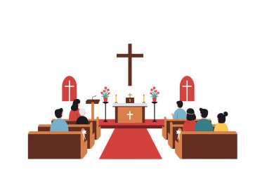 Paskalya Servisi Clipart. Kilisenin içinde bir sunak, haç, kilise sıraları, çiçekler ve bir cemaat ibadet ve kutlama için toplandı. Çizim tasarımı.