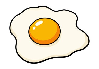 Clip art sahanda yumurta. Bu resim, parlak sarı sarısı ve pürüzsüz beyazı olan çizgi film tarzı sahanda yumurtayı gösteriyor. Çizim tasarımı.