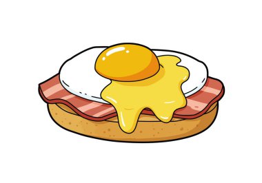Benedict usulü yumurta. Bu resim, yumurta, jambon ve İngiliz çöreğiyle birlikte Benedict usulü bir yumurta tabağı çizimini gösteriyor. Çizim tasarımı.