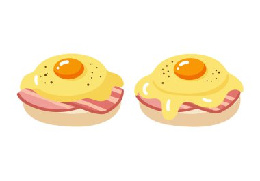 Eggs Benedict klip sanatı. Jambonlu iki Benedict yumurtası, haşlanmış yumurta ve İngiliz keklerinin üzerine Hollandaise sosu. Çizim tasarımı.