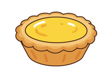 Yumurtalı tart klipsi. Bu resim altın kabuklu ve pürüzsüz sarı dolgulu lezzetli bir yumurtalı tartı gösteriyor. Çizim tasarımı.