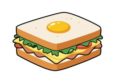 Yumurtalı sandviç klipsi. Bu resim yumurtalı, marullu, peynirli, domatesli ve jambonlu bir sandviç gösteriyor. Çizim tasarımı.