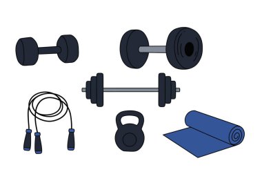 Spor aletlerine tırman. Bu resim halterler, halterler, halterler, ip atlama ve yoga minderi gibi çeşitli spor aletlerini gösteriyor. Çizim tasarımı.