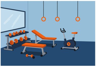 Spor salonuna tırman. Bu resim, halterler, banklar, egzersiz bisikleti ve jimnastik yüzükleri gibi çeşitli ekipmanlarla donatılmış bir spor salonunu gösteriyor. Çizim tasarımı.