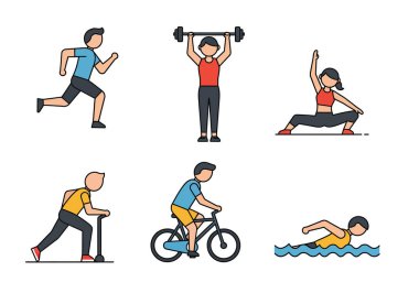 Fitness tırmanışı. Bu resim koşu, halter, esneme, yürüyüş, bisiklet ve yüzme gibi çeşitli spor faaliyetlerini gösteriyor. Çizim tasarımı.