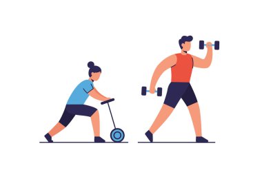 Düzenli olarak egzersiz yap. Bu görüntü iki kişinin egzersiz yaptığını gösteriyor, biri scooter kullanıyor ve diğeri de dambıl kaldırıyor. Çizim tasarımı.