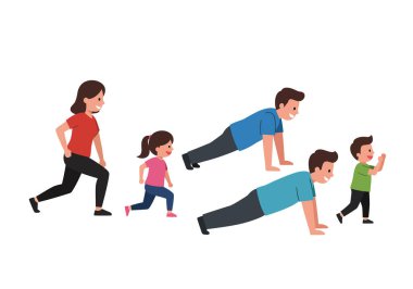 Aile egzersizi klibi. Bu resim, koşmak, esnemek, bağ kurmak ve refahı arttırmak gibi birlikte egzersiz yapan bir aileyi gösteriyor. Çizim tasarımı.