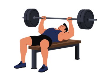 Bench Press klipsi. Bir kişi antrenman sırasında bir bankta uzanıyor ve ağırlık kaldırıyor. Çizim tasarımı.