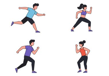 Aerobik egzersiz klipsi. Kardiyo ve hareketi vurgulayan renkli bir spor ve aktivite tasviri. Çizim tasarımı.