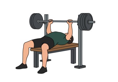 Bench press klipsi sanatı. Bir kişi antrenman sırasında bir bankta uzanıyor ve ağırlık kaldırıyor. Çizim tasarımı.