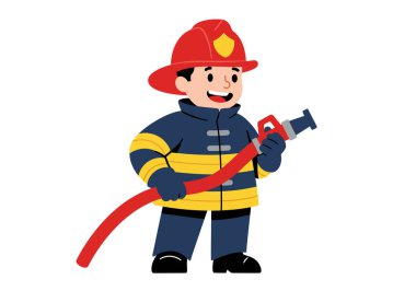 Çizgi film itfaiyecisi Clipart. Kırmızı kasklı bir itfaiyeci elinde hortum tutuyordu. Cesaret ve acil durum kurtarması gösteriyordu. Çizim tasarımı.