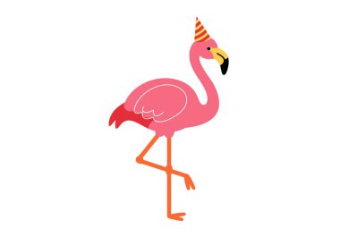 Doğum günü flamingosu. Parti şapkası takan pembe bir flamingo tek ayak üstünde duruyor ve neşeli bir kutlamaya cazibe katıyor. Çizim tasarımı.