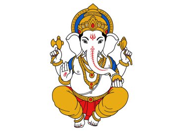 Tanrı Ganesh 'in klipsi. Ganesh, geleneksel giysi ve takılarla süslenmiş çeşitli sembolik nesneler taşıyan dört kolla tasvir edilmiştir. Çizim tasarımı.