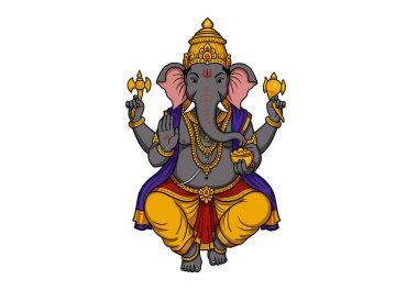 Pillayar clipart. Lord Pillayar bir fil başıyla tasvir edilir, taç ile süslenir, sembolik nesneler tutar, sakin bir duruşla oturur. Çizim tasarımı.