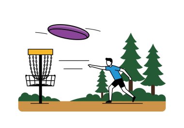 Clip sanat diski golfü. Bir oyuncu, bir orman ortamında diske mor bir disk atar. Çizim tasarımı.
