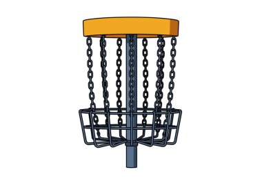 Disk golf klip sanatı. Bu resim sarı bir üst ve metal bir tabandan sarkan zincirli bir disk golf sepetini gösteriyor. Çizim tasarımı.