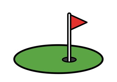 Golf deliği klipsi sanatı. Bu görüntü, üzerinde bayrak direği olan çimlerle çevrili bir golf deliğini gösteriyor. Çizim tasarımı.