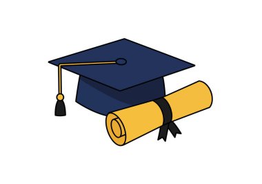 Cap ve diploma klipsi sanatı. Bu resim, akademik başarı ve başarıyı simgeleyen yuvarlak bir diplomayla eşleştirilmiş mezuniyet şapkasını gösteriyor. Çizim tasarımı.