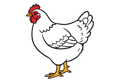 Tavuk kesme sanatı. Bu resim kırmızı taraklı, boynuzlu, sarı gagalı, bacaklı ve tüylü beyaz bir tavuğu gösteriyor. Çizim tasarımı.