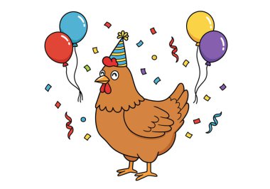 Tavuk klipsleme sanatı. Etrafta balon ve konfeti olan parti şapkası takan bir tavuk. Çizim tasarımı.