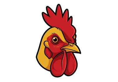 Tavuk yüzü klipsi. Bu resim belirgin kırmızı tarak ve gerdanlıklarla bir tavuğun yüzünün detaylı ve renkli bir vektör çizimini gösteriyor. Çizim tasarımı.