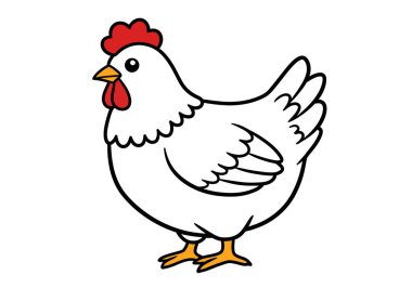 Beyaz tavuk klipsi. Bu resim kırmızı taraklı, boynuzlu, sarı gagalı ve turuncu ayaklı beyaz bir tavuğu gösteriyor. Çizim tasarımı.