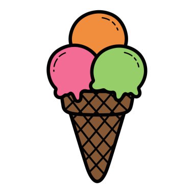Clip art dondurma külahı. Bu resim üç kepçeli renkli bir dondurma külahını gösteriyor: turuncu, pembe ve yeşil. Çizim tasarımı.