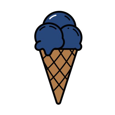 Gelato klipsi sanatı. Bu resim üç kepçe mavi dondurmayla birlikte canlı ve yaz ziyafetleri için çekici bir koni gösteriyor. Çizim tasarımı.