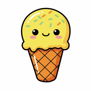 Kawaii dondurması. Gülen yüzlü, sarı kepçeli, renkli şekerli ve waffle külahlı tatlı dondurma külahı. Çizim tasarımı.