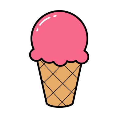 Pembe dondurma klipsi. Waffle külahında pembe dondurma kepçesi. Çizim tasarımı.