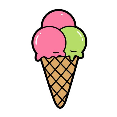 Yaz dondurması klipsi. Bu resim üç kepçe dondurmalı bir külah gösteriyor, ikisi pembe ve biri yeşil, waffle külahlı. Çizim tasarımı.
