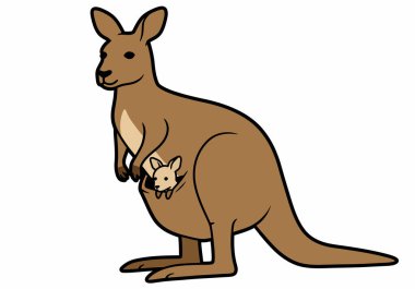 Kanguru ve Joey Clipart. Yavru Joey 'i kesesine sarılmış canlı ve oyuncu bir dizaynla ayakta duran bir kanguru. Çizim tasarımı.
