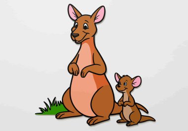 Kanga ve Roo ayrılır. Anne bir kanguru ve bebeği mutlu bir ifadeyle çimlerin üzerinde duruyor. Çizim tasarımı.