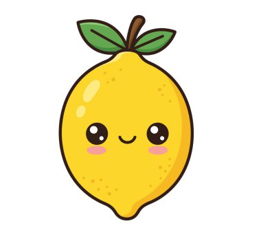 Limon tatlısı. Mutlu yüzlü, pembe yanaklı ve yeşil yapraklı parlak sarı bir limon. Çizim tasarımı.