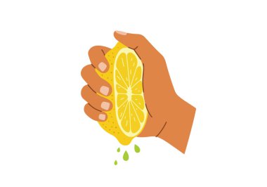 Limon sıkma klipsi. Meyve suyu damlalarıyla limonu sıkan bir el. Çizim tasarımı.