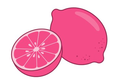 Pembe limon klipsi. Bu resim bütün pembe bir limonu ve yarı pembe bir limonu gösteriyor. Çizim tasarımı.