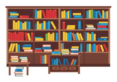 Openclipart kitaplığı. Renkli kitaplıklarla dolu kitaplıklar, masaların üzerine istiflenmiş bazı kitaplarla sıralanmış, canlı bir kütüphane teması yaratıyor. Çizim tasarımı.