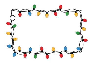 Noel ışıkları sınırında. Bu resim kırmızı, yeşil, mavi ve sarı renkli Noel ışıklarından yapılmış bir kenarı gösteriyor. Çizim tasarımı.