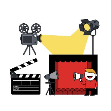 Kamera aksiyon klipsi sanatı. Bu görüntü, kamera, spot ışığı, klip tahtası, sahne ve megafonu olan bir kişiyi gösteren bir film seti. Çizim tasarımı.