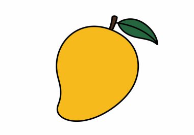 Sarı mango klipsi. Bu resim kahverengi saplı ve iki yeşil yapraklı sarı bir mango gösteriyor. Çizim tasarımı.