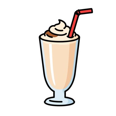 Milk shake klipsi sanatı. Bu resim, uzun bardakta, krem şantili ve kırmızı pipetli bir milkshake 'i gösteriyor. Çizim tasarımı.