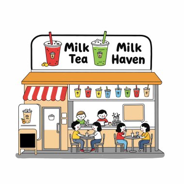 Sütlü çay dükkanı klipsi. Bu resim renkli bir sütçüyü gösteriyor. Müşteriler içkiden hoşlanıyor. Çizim tasarımı.