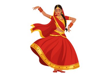 Bollywood dans klibi. Geleneksel Hint kıyafeti giymiş bir kadın canlı ifadelerle zarif bir şekilde dans ediyor. Çizim tasarımı.