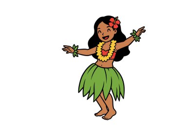Hula dansı klibi. Geleneksel Hawaii hula kostümü giymiş yeşil etekli, kırmızı bluzlu ve sarı yapraklı bir kız dans ediyor. Çizim tasarımı.