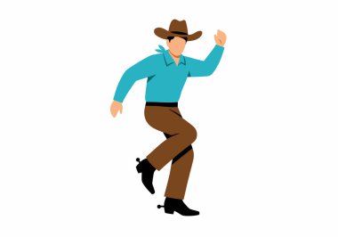 Western Dans Klibi. Kovboy şapkalı, mavi gömlekli, kahverengi pantolonlu ve mahmuzlu siyah çizmeli biri dans ediyor. Çizim tasarımı.